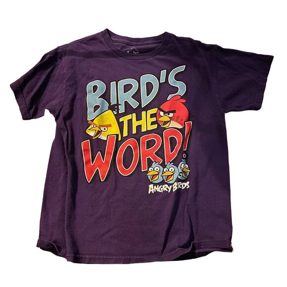 PURPLE KIDS SHORT SLEEVE SHIRT ANGRY BIRDS CHARACTERS WORDS "BIRDS THE WORD" - Picture 1 of 1